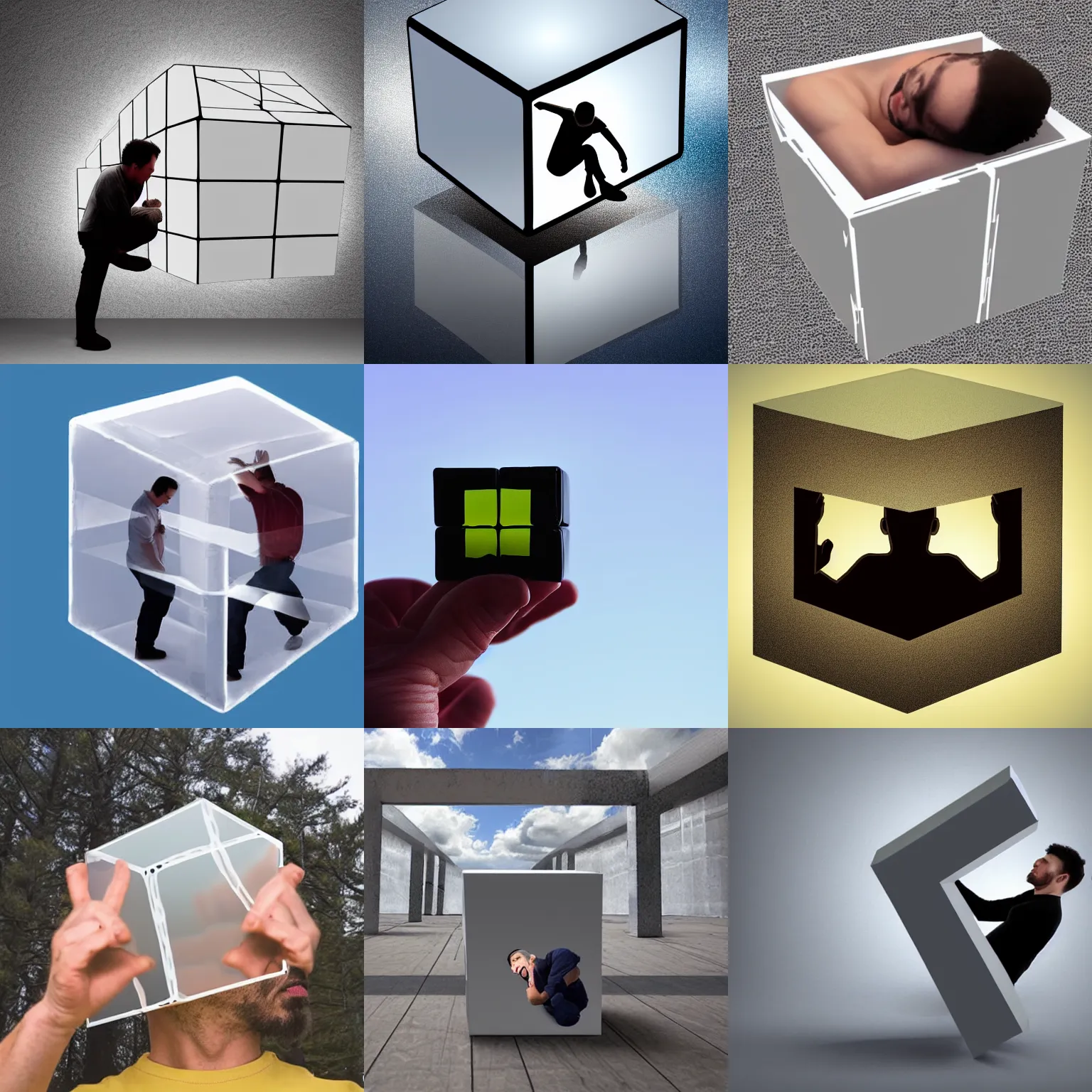 Prompt: man trapped inside a floating cube