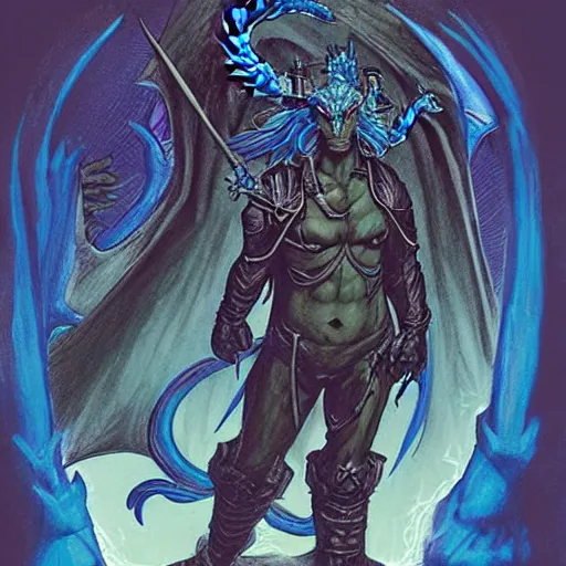 Image similar to half length portrait of a medieval d & d fantasy nerdy anthropomorphic blue dragon - headed - human hybrid with electrcity magic, comic book cover art photo by phil noto, frank miller, hr giger, alex ross, glenn fabry