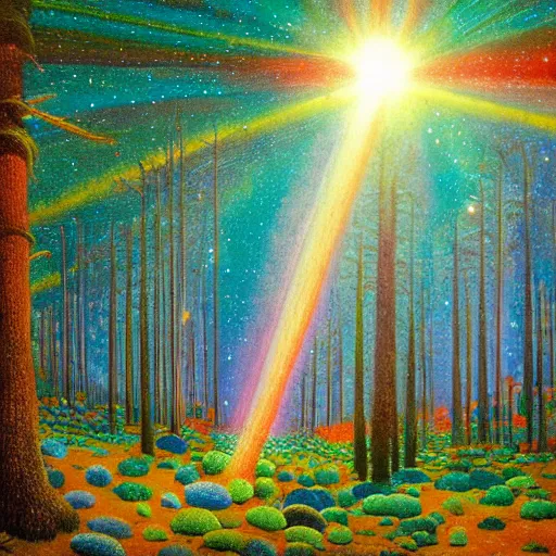 Image similar to psychedelic road trip lush pine forest, outer space, milky way, designed by arnold bocklin, jules bastien - lepage, tarsila do amaral, wayne barlowe and gustave baumann, cheval michael, trending on artstation, star, sharp focus, colorful refracted sparkles and lines, soft light, 8 k 4 k