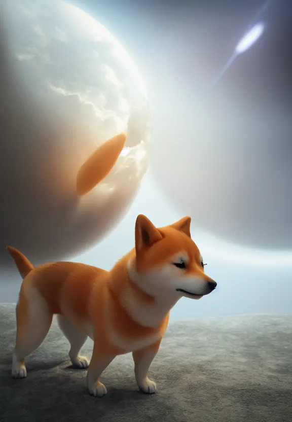 Prompt: a portrait of a shiba inu wearing a robe in heaven, circular, glowing, circle, unreal engine, octane render, artstation, digital art.