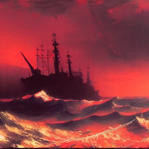 Image similar to bloody ocean, rusted iron ship sinking in red blood ocean, by Ivan Aivazovsky, junji ito, hd 8k