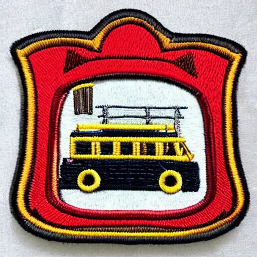 Prompt: fire station embroidered patch retro design