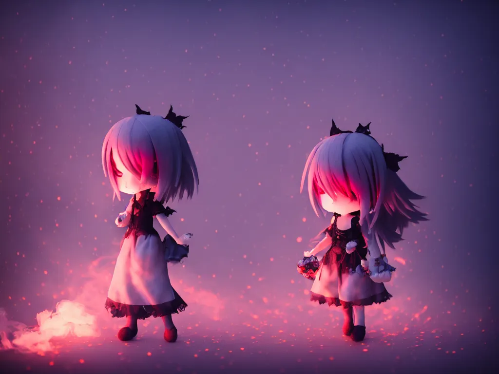 Image similar to cute fumo plush of a gothic maiden girl clutching lots of decayed roses, stale twilight, swirling vortices of emissive smoke and volumetric fog over the river, bokeh, vignette, vray