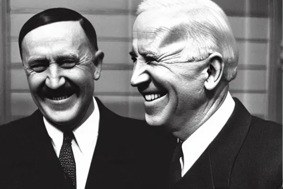 Image similar to “ very very intricate photorealistic photo of hitler and joe biden laughing together, detailed natural lighting, award - winning crisp details ”