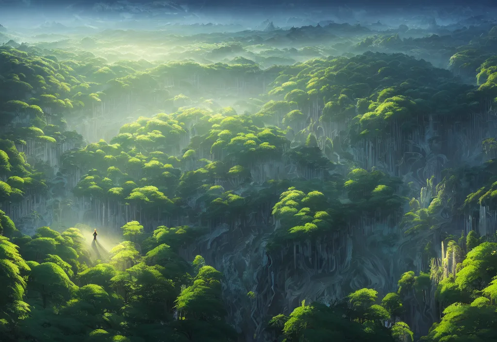 Image similar to high view of the background of a forest that has an endless pit in the bottom of the image, stylised painting, visible brush strokes, forest, medieval architecture, dynamic lighting, aesthetics, smooth, d & d, fantasy, asymmetrical, intricate, elegant, matte painting, by makoto shinkai borderlands and by feng zhu rossdraws