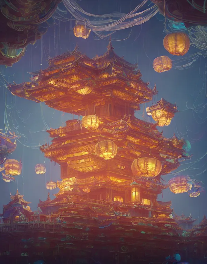 Prompt: A floating decorated palace in the sky surrounded by floating lit paper lanterns by Tyler Edlin, intricate artwork by Tooth Wu and wlop and beeple and dan mumford and greg rutkowski and nekroxiii. halo. octane render, cinematic, hyper realism, octane render, 8k, depth of field, bokeh. iridescent accents. vibrant.