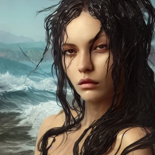 Prompt: epic portrait an woman with a skull face, wet flowing hair, shiny skin, illustration, unreal engine 5, 8 k, made by j. c. leyendecker