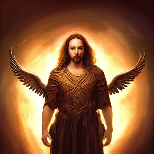 Image similar to Majestic gracious Archangel Michael portrait, atmospheric lighting, painted, intricate, volumetric lighting, beautiful, rich deep colors masterpiece, golden hour, sharp focus, ultra detailed, by Leesha Hannigan, Ross Tran, Thierry Doizon, Kai Carpenter, Ignacio Fernández Ríos