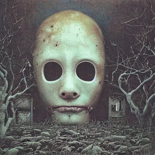 Prompt: found footage of floating mask in abandoned house. grainy creepy, children illustration. art by zdizslaw beksinski - andy riley