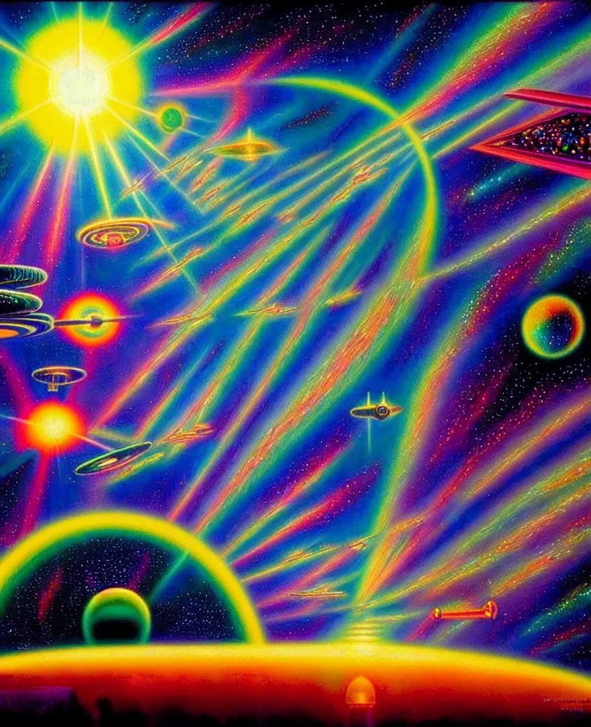 Prompt: a beautiful colorful iridescent holographic future for humanity, spiritual science, divinity, utopian, heaven on earth by david a. hardy, wpa, public works mural, socialist