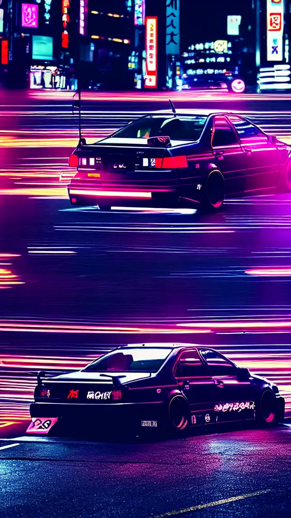 Image similar to a car drift spec JZX100 in middle of road, shibuya prefecture, city midnight neon lights, cinematic color, photorealistic, highly detailed