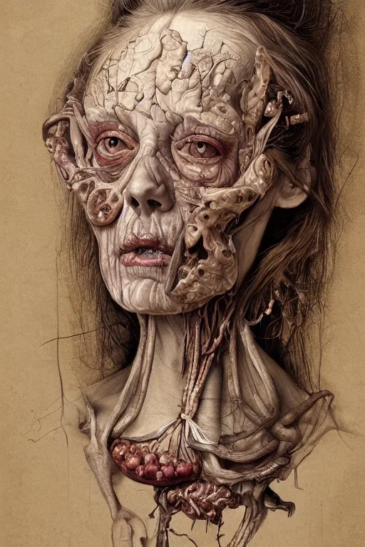 Image similar to Detailed maximalist portrait of a beautiful old woman with large lips and eyes, scared expression, botanical skeletal with extra flesh, HD mixed media, 3D collage, highly detailed and intricate, surreal illustration in the style of Jenny Saville , dark art, baroque, centred in image