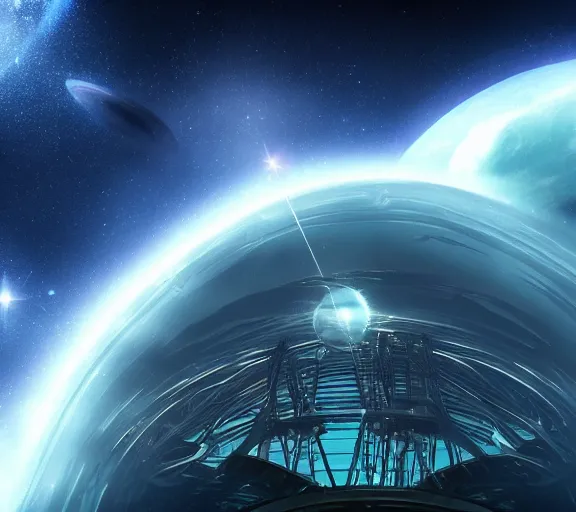 Image similar to planet with a gigantic megastructure tower extending out of its atmosphere. beautiful, epic, realistic, space fantasy scene, futuristic and iridescent crystals