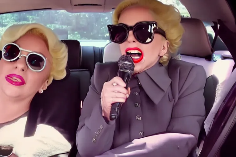 Image similar to lady gaga and judy garland carpool karaoke, highly realistic, highly detailed, high resolution, 8 k 4 k,