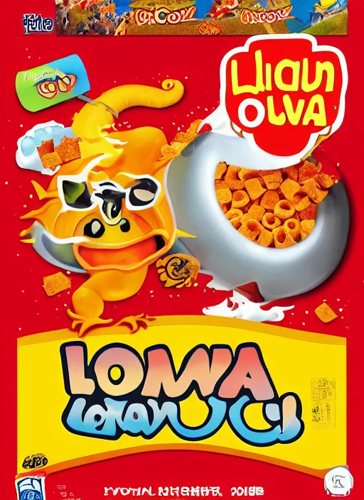 Prompt: lava - os cereal box front, cereal that tastes like lava, dragon mascot, high quality upload, 2 0 0 8