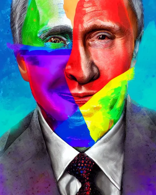 Image similar to a highly detailed portrait of Vladimir Putin as a colorful clown, gay pride flag background, intricate, digital painting, old english, particles floating, whimsical background by marc simonetti, John Singer Sargent style