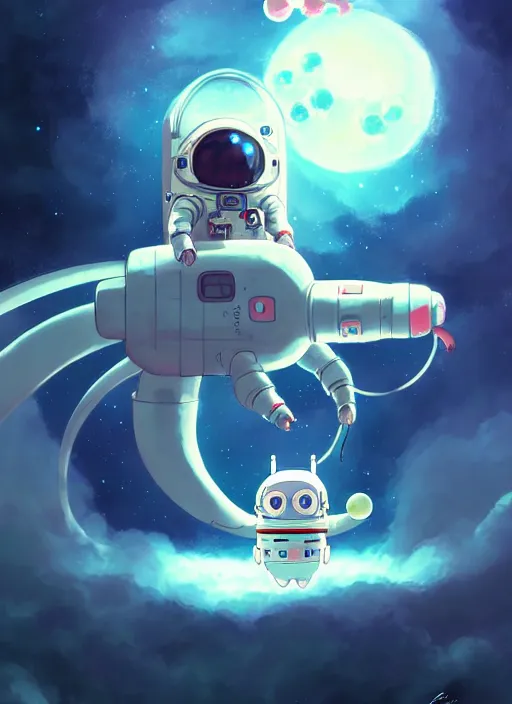 Image similar to portrait of cute kawaii astronaut android floating around a large biomechanical kaiju dragon, nebulous background of dynamic space, a dramatic composition by wlop and greg rutkowski and makoto shinkai and studio ghibli and kyoto animation cute bubbly clothing