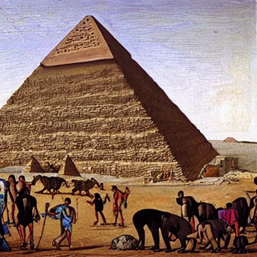 Image similar to the great pyramid of giza being built by chimps, 1 3 th century painting,