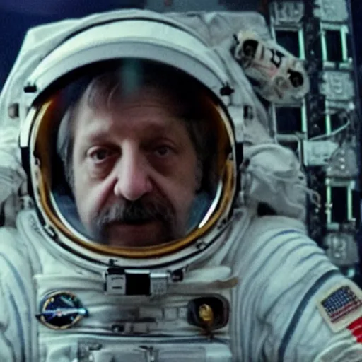 Image similar to film still of astronaut slavoj zizek falling away from the space station in gravity