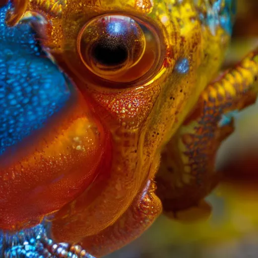Image similar to fiery whimsical emotional eyes cephalopod, in a photorealistic macro photograph with shallow dof, in the deepest seas of the unconscious psyche