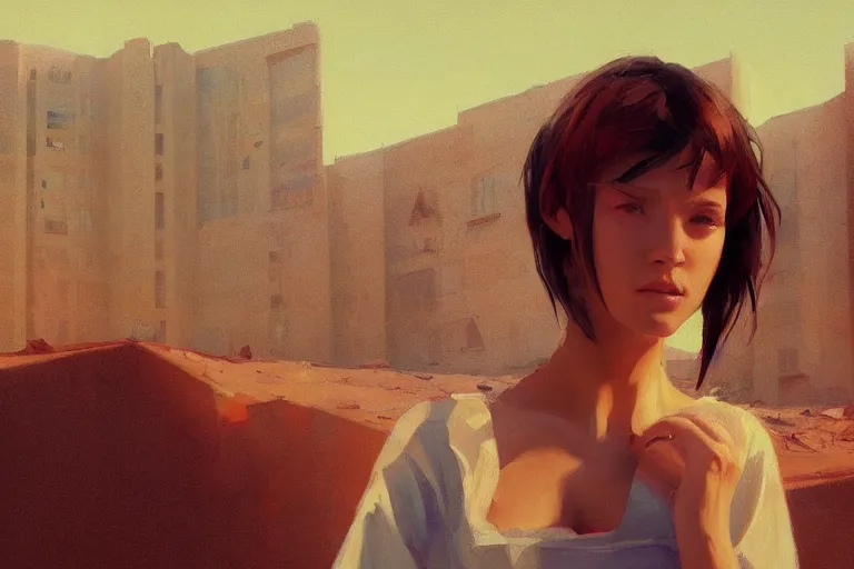 Image similar to digital art of a beautiful girl wearing a shirt standing in front of a ruined apartment complex, desert composition, sunlit, expressive oil painting, by artgerm, by jeremy lipking, anime style, octane render, bright colors, face!!!! close - up