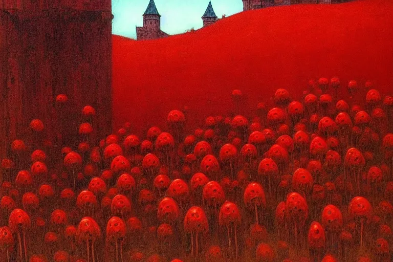 Image similar to only with red, red flowers of different types, red castle in background, red medieval goblins, in the style of beksinski, parts by edward hopper, parts by rodcenko, parts by yue minjun, intricate and epic composition, red by caravaggio, insanely quality, highly detailed, masterpiece, red light, artstation, 4 k