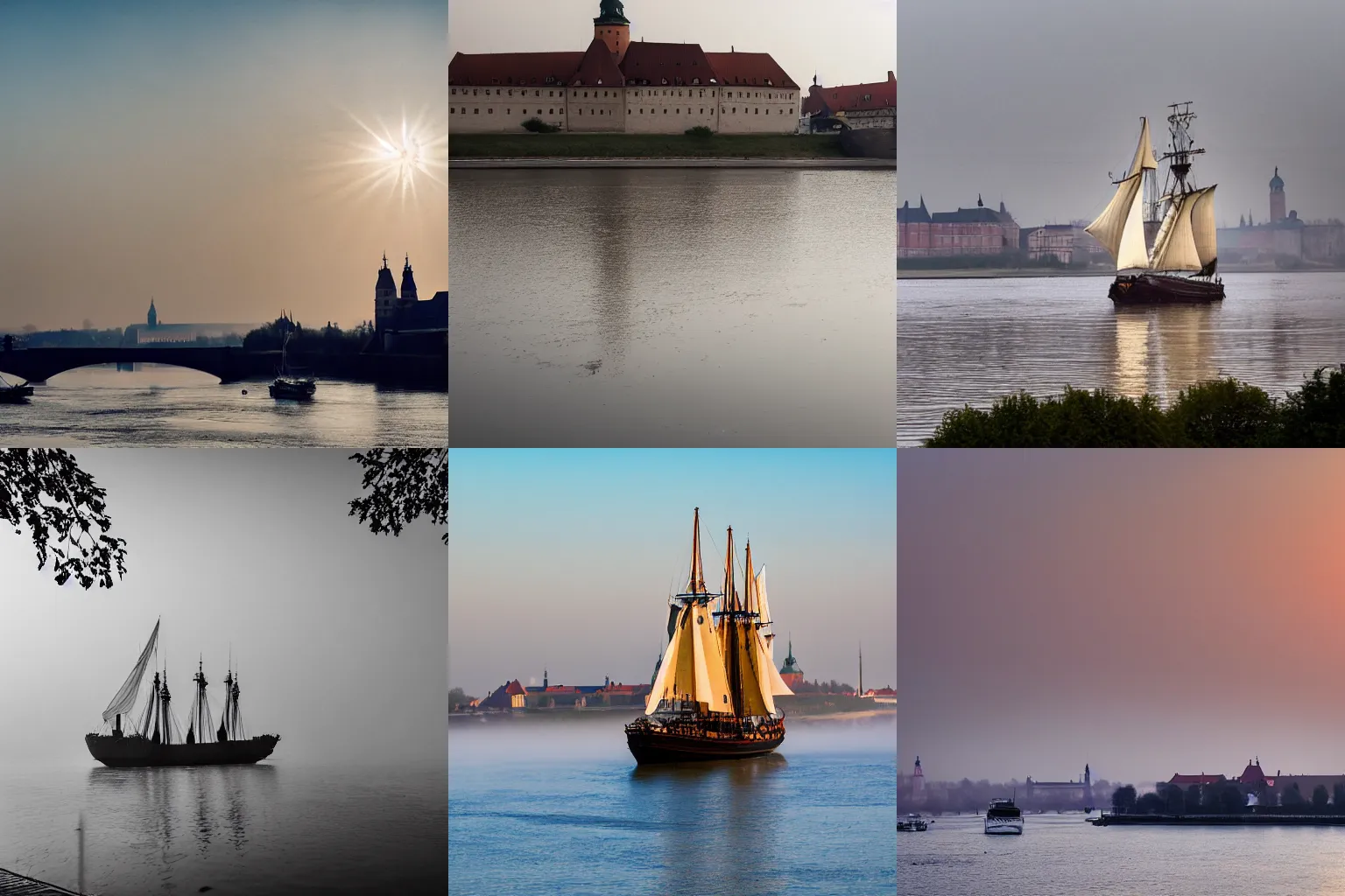 Prompt: sailing ship on Vistula river, Wawel castle visible, morning, fog, atmospheric lighting