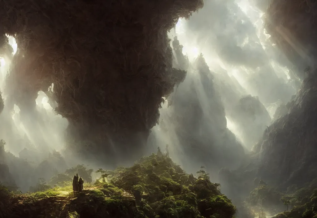 Prompt: The road to the infinite palace in the sky islands, waterfalls in the clouds, holy rays, highly detailed, fantasy, digital art, HD, detailed, illustrated by Greg Rutkowski and Gaston Bussiere, 35mm lens, beautiful macro close-up imagery, moody lighting, beautiful volumetric-lighting-style atmosphere