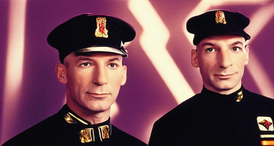 Image similar to portrait of 30-year-old Jean Luc Picard as junior officer, 1980s TV show on film, high contrast, dramatic colorful lighting