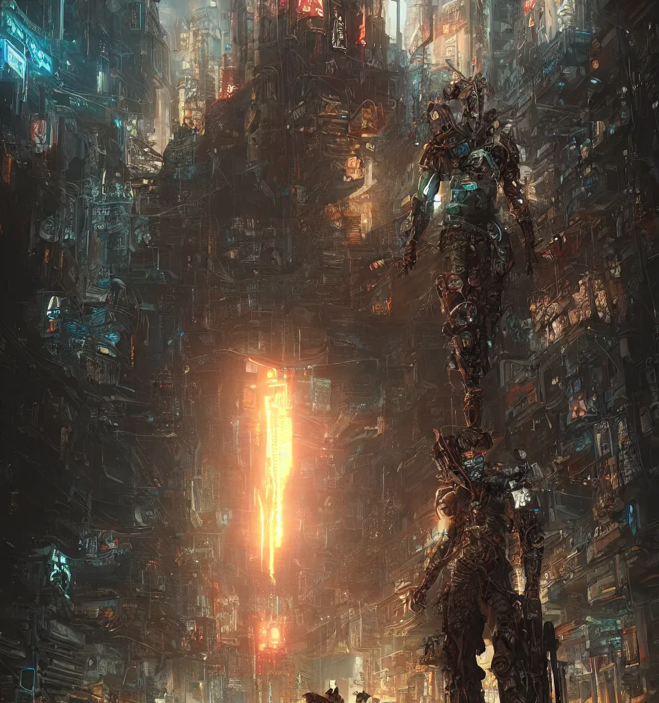 Image similar to cyberpunk gladiator, cinematic, highly detailed, octane render, cg, rich cinematic atmosphere, perfect digital art, mystical journey in strange world, Mystical, cyberpunk, tech war, sci-fi, surreal, glowing lights, sharp focus, high detailed, by Akihiko Yoshida, michael whelan and Karol Bak