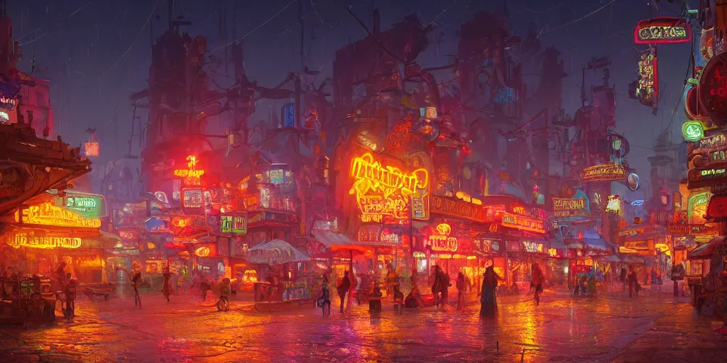 Prompt: A street-level view of a magical wild-west town at night with wooden buildings and colorful neon lights; beautiful dangerous detailed fantasy illustration by Simon Stålenhag and Thomas Kinkade and Greg Rutkowski, trending on artstation, 4k