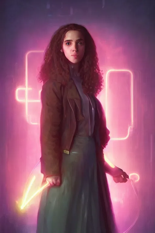 Image similar to portrait of Hermione Granger in cyberpunk, neon lighting, night city, digital art from artstation by Ruan Jia and Mandy Jurgens and Artgerm and william-adolphe bouguereau and Greg Rutkowski and Wayne Barlowe