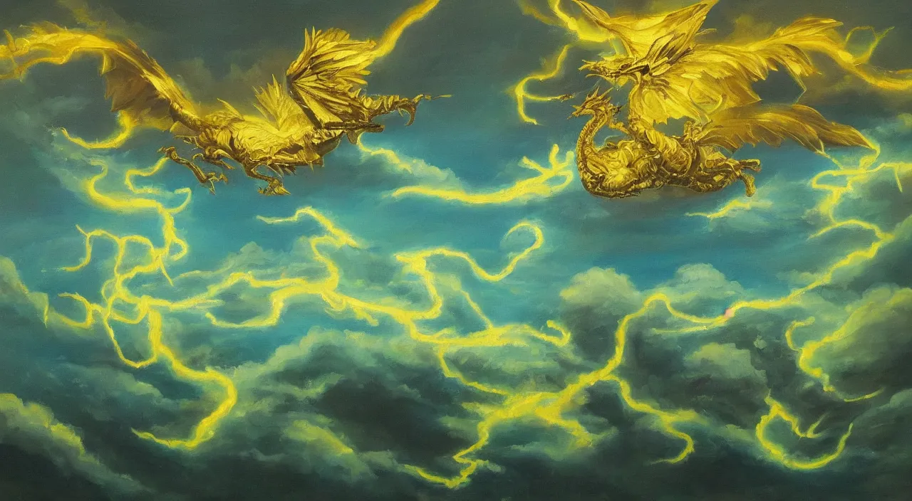 Image similar to beautiful oil painting of golden eastern dragon in sky, green lightning, night clouds, above forest