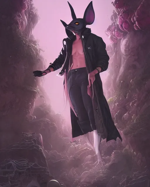 Prompt: beautiful fantasy character portrait, donnie darko, wearing oversized puffy pink bomber jacket and black bikini, ultra realistic, wide angle, seductive pose, cyberpunk artifacts, highly detailed by peter mohrbacher, pixar, malti klarwein, boris vallejo, aaron horkey, gaston bussiere, craig mullins