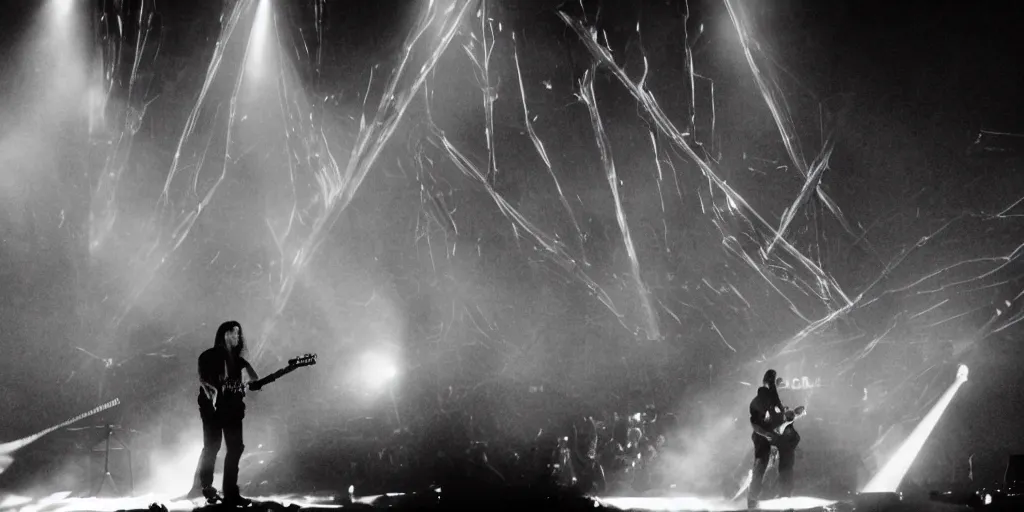 Image similar to dusty Trent Reznor smashing guitars, group of people on stage playing instruments, elaborate stage effects, dust, smoke, giant LED screens, colored projections, ultrafine detail, goth cybersuit, glowing thin wires, smoke, high contrast, projections, a screenshot by David Gilmour Blythe, holography, tesseract, volumetric lighting, anamorphic lens flare