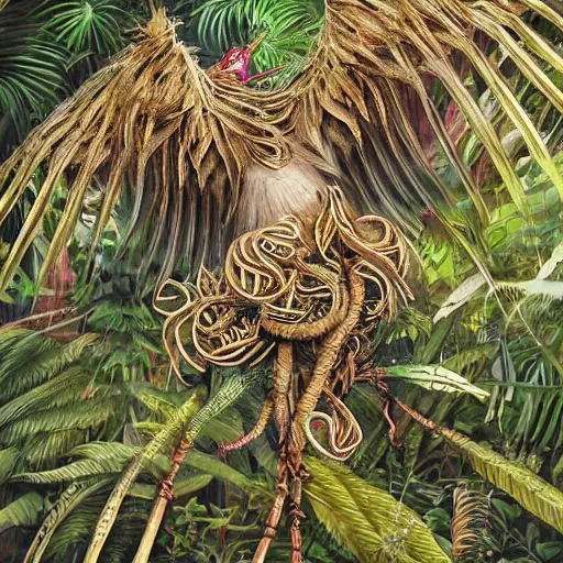 Image similar to photo of an intricate jungle scene showing a bird with six arms, covered in feathers. extreme detail, hyperrealistic photo, gloomy