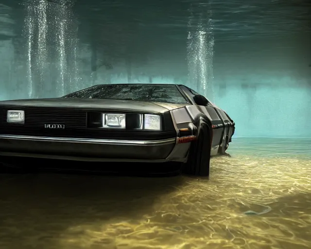 Image similar to delorean submerged under water, cinematic, photoreal, by red dead redemption 2