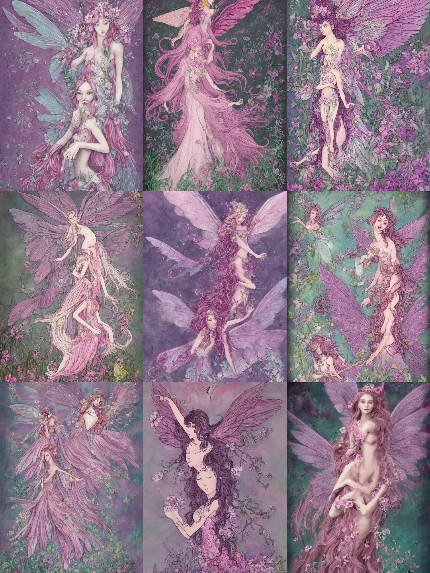 Prompt: d & d style a pink beautiful fairy with large wings and flowing hair is exploring her flower garden, extremely detailed, muted colors, negative space