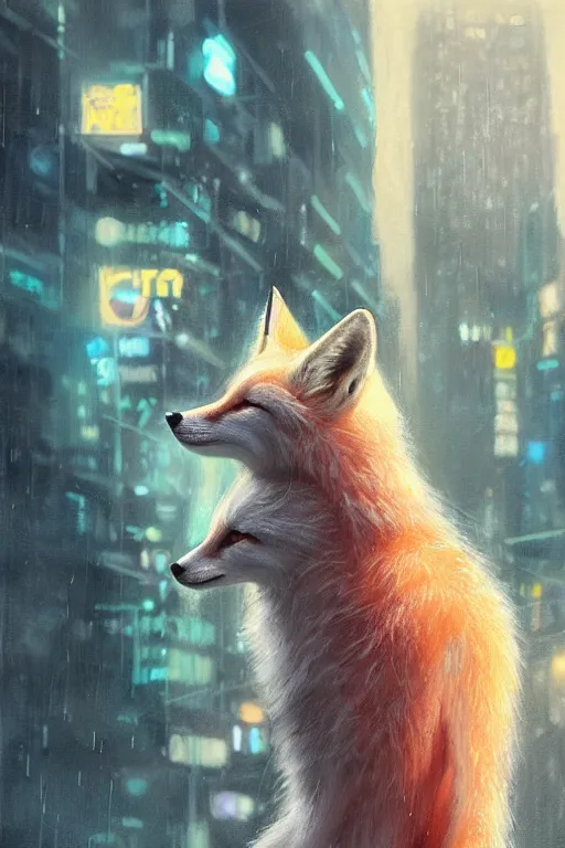 Image similar to award winning gorgeous portrait of a tall, beautiful white female anthro fox smoking a cigarette while towering head and shoulders above the bustling crowd of a rainy city street around her, cyberpunk clothes, harsh neon lights, highly detailed, sharp focus, digital painting, illustration, trending on artstation, art by sakimichan, wlop, greg rutkowski