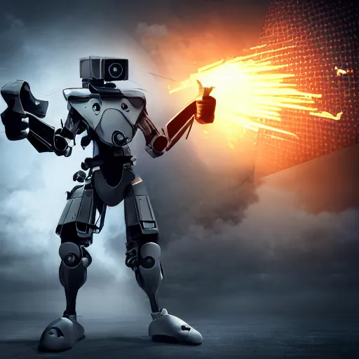 Image similar to anthropomorphic futuristic war robot - fighter killing a man - photographer, full body, clean background, photorealistic, detailed,