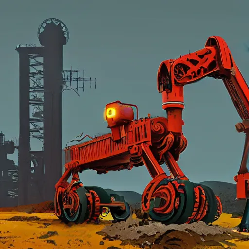 Prompt: giant scary quadrupedal mining machine with drill, four legs, highly detailed body, retro, industrial, in the style of simon stalenhag