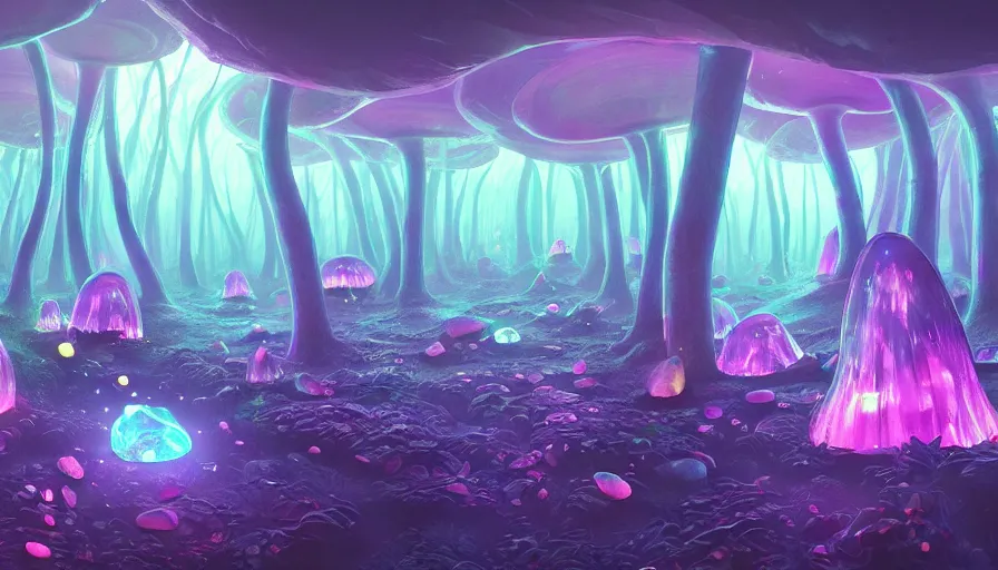 Image similar to a fluorescent giant mushrooms forest, beautiful crystal deposits glowing on the floor, in style of laurel d austin, 2 d art, concept art, fantasy, high detail, trending on artstation