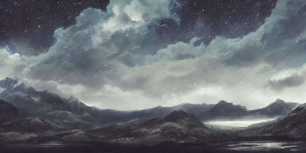 Image similar to digital art, trending on artstation, a mountainous landscape with a lake filled with stars at the bottom, with the sky full of clouds and storm