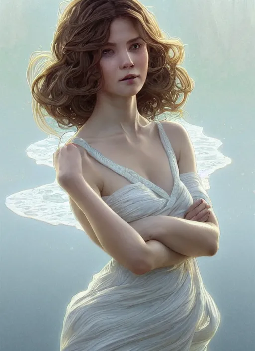 Image similar to long shot, woman posing, short wavy hair, round face, intricate white dress, cottagecore!!, inside water, intricate, enlightened, highly detailed, digital painting, artstation, concept art, smooth, sharp focus, illustration, art by artgerm and greg rutkowski and alphonse mucha