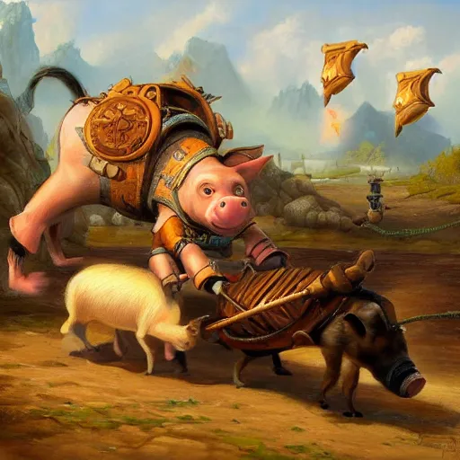 Prompt: catapult launching a pig, oil painting by justin gerard, deviantart