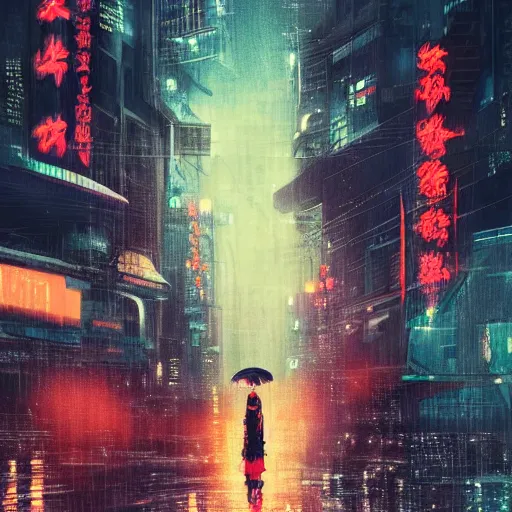 Image similar to high detailed geisha in a cyberpunk rainy city at night with a torii in the background by , high quality, 4K, UHD, trending on ArtStation, blade runner vibes, ghost in the shell