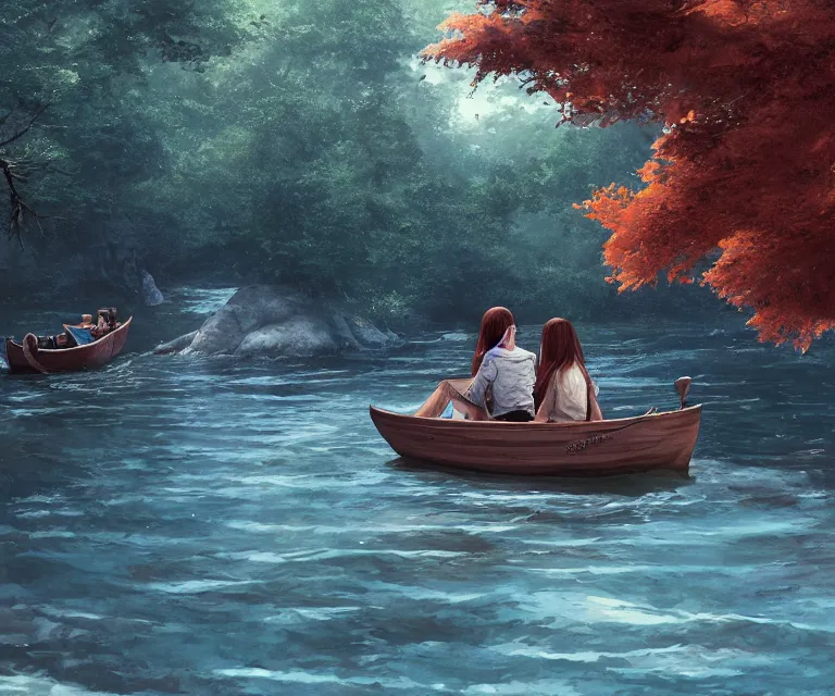 Image similar to a girl with long, flowing auburn hair, and a boy with short hair sitting together in a small wooden paddle boat sailing down a narrow river in a forest, rocky shore, trees, shady, blue waters, ripples, waves, reflections, details, sharp focus, illustration, by Jordan Grimmer and greg rutkowski, Trending artstation, pixiv, digital art