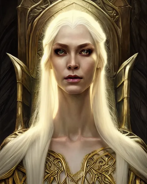 Image similar to tall slender elven queen sitting on the throne, full body, long white hair, pale skin, golden coloured eyes | | realistic shaded, fine details, fine - face, realistic shaded lighting poster by greg rutkowski, magali villeneuve, artgerm, jeremy lipkin, michael garmash, rob rey