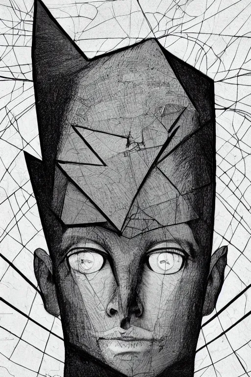 Prompt: portrait of triangle shaped head with single giant flat eye, in the style of Greg Broadmore and Arthur Rackham,trending on artstation, light lighting side view,digital art,surrealism ,macro,blueprint ,vaporwave ,