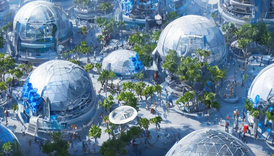 Prompt: crowded futuristic san diego's zoo with white and blue glass domes, sunny day, hyperdetailed, artstation, cgsociety, 8 k